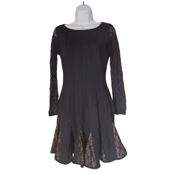 Catherine Malandrino Dress Size 4 Black Lace Long Sleeves Fit & Flare - Picture 1 of 9